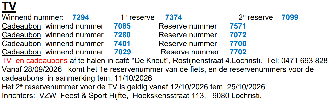 Uitslag tombola kermisprogramma september 2026 Lochristi Hijfte